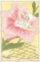 1900 Art Nouveau flower lady litho art postcard (EK)