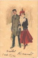 1900 Ja oder Nein / Romantic couple litho art postcard (tiny tear)