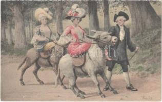 French baroque ladies on donkeys, art postcard