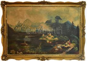Olvashatatlan jelzéssel: Alpesi táj mosó nőkkel. Olaj, vászon. Jelzett. 80x120 cm Keretben