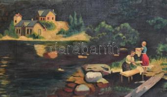 Olvashatatlan jelzéssel: Alpesi táj mosó nőkkel. Olaj, vászon. Jelzett. 80x120 cm Keretben