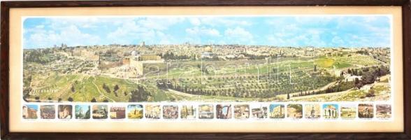 cca 1980-1990 Jeruzsálem látképe, rajta a város nevezetességeivel, üvegezett fa keretben, modern nyomat, kép: 24x84 cm, keret: 31x92 cm