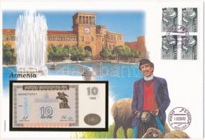 Örményország 1993. 10D felbélyegzett borítékban, bélyegzéssel T:I  Armenia 1993. 10 Dram in envelope with stamp and cancellation C:UNC