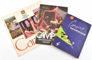 Vegyes kemping tétel, 3 db. Dr. Szauer Richard: Camping Magyarországon. Bp., 1964, Sport. Fekete-fehér képekkel illusztrálva. Papírkötésben, kissé kopott állapotban. + 2 db prospektus a magyar kempingekről: Camping Magyarország. Bp., 1985 és 1989, Idegenforgalmi Propaganda és Kiadó Vállalat. Papírkötésben, kissé kopott állapotban.