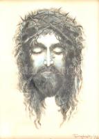 Ternyánszky Gy. jelzéssel: Töviskoronás Krisztus. Rézkarc, bakelti/csont (?), díszes fa keretben, ke...