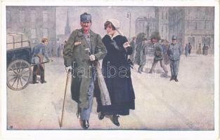 Stilles Heldentum. Offizielle Karte für Rotes Kreuz, Kreigsfürsorgeamt Kriegshilfsbüro Nr. 577. / WWI Austro-Hungarian K.u.K. military art postcard, soldier with Red Cross nurse. artist signed