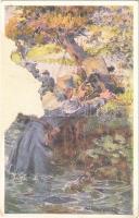 Oberleutnant Georg Rimbas des 63. Infanterieregimentes stand hinter seinem Maschinengewehr durch fünf Stunden bis über die Knie in reißendem Wasser. Offizielle Karte für Rotes Kreuz, Kreigsfürsorgeamt Kriegshilfsbüro Nr. 263. / WWI Austro-Hungarian K.u.K. military art postcard s: Marussig (fl)