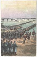 WWI Austro-Hungarian K.u.K. military art postcard, pontoon bridge, soldiers. L&P 2134. (EK)