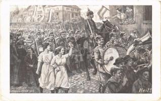 1917 Landau Platz. Heil! / WWI German military art postcard, soldiers marching s: Strieffler (EB)