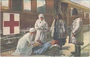 Weltkrieg 1914-1917. Österreichischer Sanitätszug in der Bukowina / WWI Austro-Hungarian K.u.K. military art postcard, hospital train in Bukovina, injured soldier with Red Cross nurses (ragasztónyom / glue mark)