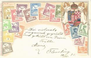 1905 A Magyar kir. Posta bélyegei. Címer dombornyomott litho lap / Set of Hungarian stamps, coat of arms. Philatelie-Ansichtskarte Ottmar Zieher No. 16. Emb. litho (apró lyuk / pinhole)