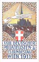 XXIII. Deutscher Philatelisten 15. Bundestag Wien 1911 / 23rd German Philately Day in Vienna, coat of arms, floral. 5 Heller Ga. s: Hans Kalmsteiner + Deutscher Philatelistentag Wien So. Stpl. (EK)