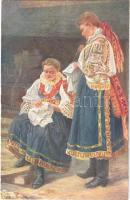 Pöstyén-fürdői népviselet. Hímző nők. 16. Pr. 4. sz. / Volkstracht in Bad Pöstyén. Stickerinnen / traditional costumes from Piestany (Slovakia), folklore, embroiderers