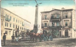 Chernivtsi, Czernowitz, Cernauti, Csernyivci; Krieger-Denkmal / street view, military monument, shop of Josef Hildebrand, horse-drawn carriage (EM)