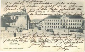 1900 Pozsony, Pressburg, Bratislava; Baross Gábor utca a cs. és kir. hidászlaktanyával / Gabriel Baross-Strasse mit der k.u.k. Pionierkaserne / street view, tram, K.u.K. military sapper barracks (fl)