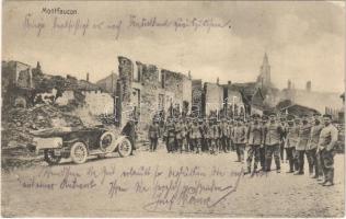 1915 Montfaucon, WWI ruins with German soldiers, automobile (EK)