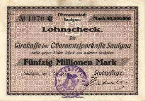 Német Birodalom/Weimari Köztársaság/ Saulgau/Lohnscheck 1923.10.1. 50.000.000M T:II