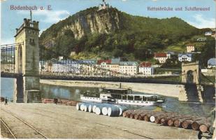 1914 Decín, Bodenbach am Elbe; Kettenbrücke und Schäferwand / bridge, KARLSBAD steamship, quay (EB)