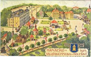 1914 Holesov, Holleschau; Hanácko Valasská Vystava v Holesové / Wallachian Exhibition advertising art postcard, coat of arms, flags