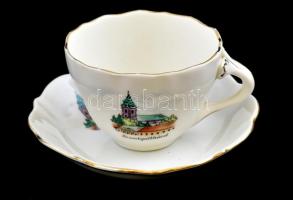 Aquincum porcelán Szentgotthárd feliratú kávéscsésze + alj, kézzel festett, jelzett, kis kopásnyomokkal, d: 6,5 és 10 cm