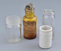 4 db orvosi üveg + 1 db porcelán tégely, m: 7-13,5 cm közötti méretekben