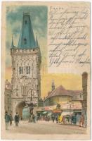 1905 Praha, Prag, Prága, Prague; Prasná brána / Powder Tower, gate, street view. litho s: H. Strose (r)