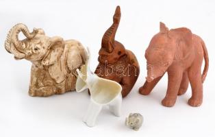 5 db elefánt figura (fa, kerámia, porcelán), vegyes méretben, kopásnyomokkal, kis hibákkal, egyik sérült