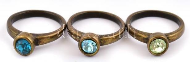 3 db, kék-zöld-türkiz köves gyűrűk, méret: 53
