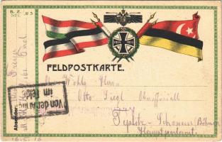 1916 Első világháborús tábori postai levelezőlap a Központi Hatalmak zászlóival / WWI German and Austro-Hungarian K.u.K. military field postcard, Central Powers propaganda with flags and coat of arms (EB)
