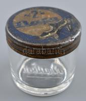 Bata üvegtégely, fém kupakkal, üvegen kis csorbák, kupak kopottas állapotban, m: 5 cm