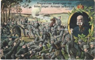 1916 Siegreiches Vordringen der öster. ungar. Armeen in Serbien / WWI Austro-Hungarian K.u.K. military art postcard, battles in Serbia, Franz Joseph I of Austria (EK)