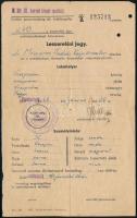 1941 Szombathely, M. kir. III. honvéd híradó zászlóalj karpaszományos őrmester leszerelési jegye