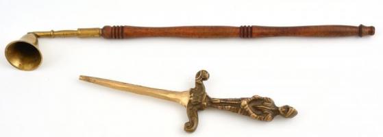 Réz/fa gyertyakoppintó, h: 35 cm + réz levélbontó kés, sérült, h: 18 cm
