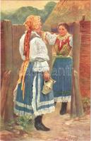 Pöstyén-fürdői népviselet. Parasztleányok. 16. Pr. 8. sz. / Volkstracht in Bad Pöstyén. Bauernmädchen / traditional costumes from Piestany (Slovakia), folklore s: K. Janovsky