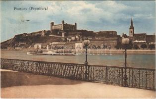 1910 Pozsony, Pressburg, Bratislava; vár, gőzhajó / castle, steamship
