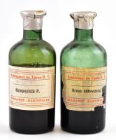 Schimmel és Társa Illóolaj és Vegyészeti Gyár Budapest-Rákosfalva parfümalapanyag, 2 db üveg, címeres fém kupakkal