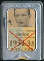 1934-1935 Budapest Székesfőváros Közlekedési Rt (BSZKRt) fényképes tanuló bérlete, BSZKRt jelzett fém tokban