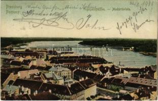1900 Pozsony, Pressburg, Bratislava; Vogelperspective / Madártávlat, híd / general view, bridge (szakadás / tear)