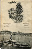 1908 Pozsony, Pressburg, Bratislava; Weihnachtsgruss / Karácsonyi üdvözlet! vár, gőzhajó. Bediene dich allein / castle, steamship. Christmas greeting (EM)