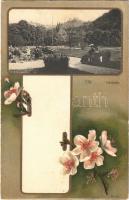 Celje, Cilli; Stadtpark. Verlag von Fritz Rausch / park. Art Nouveau, floral litho. Sempronia-Antinicotin szivarkahüvelygyár Sopron on the backside (fl)
