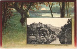 Celje, Cilli; Stadtpark. Verlag von Fritz Rausch / park. Art Nouveau, forest litho. Sempronia-Antinicotin szivarkahüvelygyár Sopron on the backside (fl)