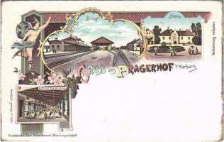Pragersko, Pragerhof; Bahnhof, Schloss, Bahnhof Restauration / railway station with restaurant, castle. Kunstanstalt Karl Schwidernoch Art Nouveau, floral, litho