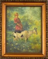 Olvashatatlan jelzéssel: Lány kecskével. Olaj, karton, aranyozott, üvegezett fa keretben. Hátoldalán régi, töredékes, 1920-40 körüli képkereskedés címkéjével. 32,5x24,5 cm