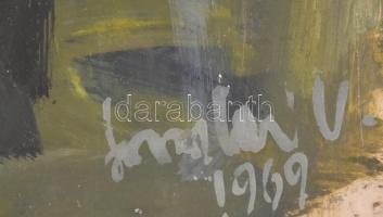 Somlai V jelzéssel: Absztrakt kompozíció. Olaj, karton, üvegezett, festett fa keretben, 42,5x61,5 cm