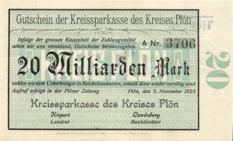 Német Birodalom/Weimari Köztársaság/ Plön/ Kreissparkasse 1923.11.5. 20.000.000.000M hivatalos érvén...