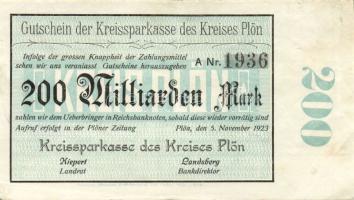 Német Birodalom/Weimari Köztársaság/ Plön/ Kreissparkasse 1923.11.5. 200.000.000.000M hivatalos érvé...
