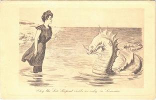 Why the Sea Serpent visits us only in Summer... Lady art postcard, beach. Alfred Schweizer Kunstverlag Gibson Karte No. 750. artist signed (felületi sérülés / surface damage)