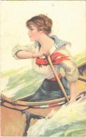 1916 Lady in rowing boat. litho (fl)