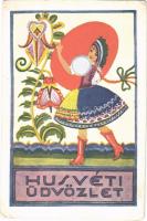 Húsvéti üdvözlet. Magyar folklór művészlap. R.J.E. 310. / Hungarian folklore art postcard (kopott sarkak / worn corners)