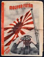 1943 Magyar Futár. Rajniss Ferenc lapja. 1943. ápr. 14. III. évf. 16. sz.: Japán szám. Nagyon gazdag fekete-fehér képanyaggal illusztrált. Papírkötésben, javított gerinccel, szakadt, megviselt állapotban.